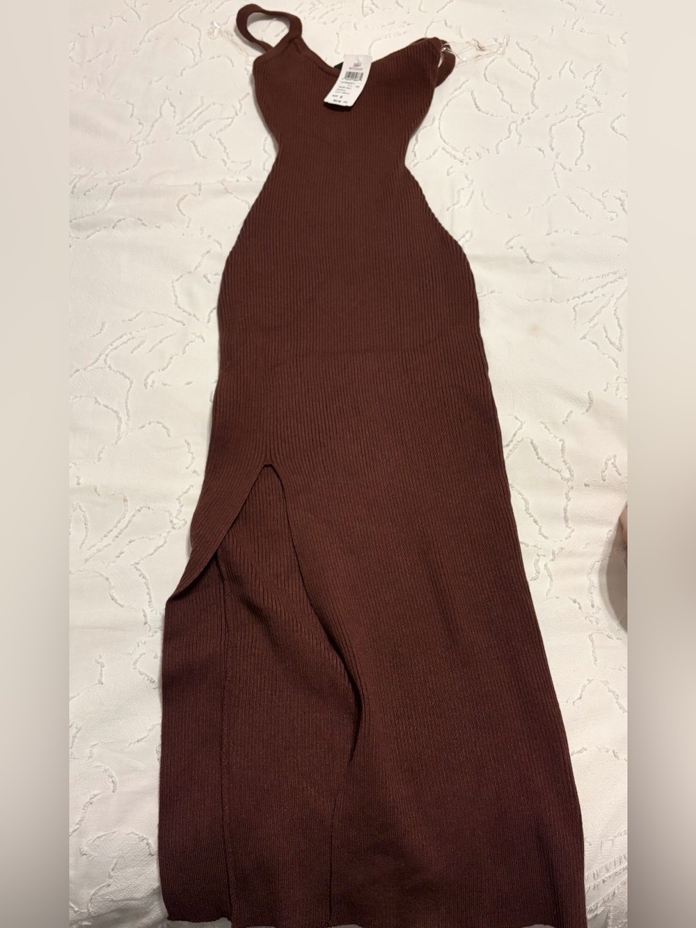 Windsor Chocolate Brown Ribbed Maxi Dress with Side Slit
